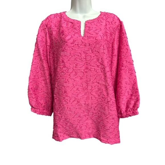 Ali Miles 1X Top Rich Pink Fancy Rayon Nylon Textured Woven 3/4 Sleeve Easy Care - Picture 1 of 5
